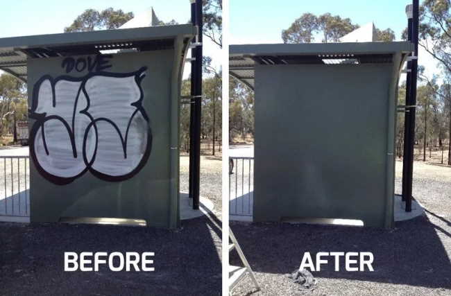 Before and after photos of a Geelong residential graffiti removal job
